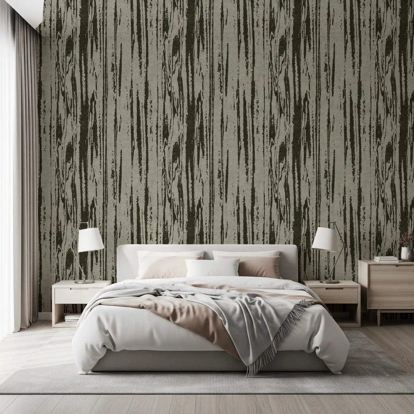 Layered texture wallpaper showing alternating light and dark grain stripes in bedroom.