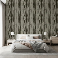 Layered texture wallpaper showing alternating light and dark grain stripes in bedroom.