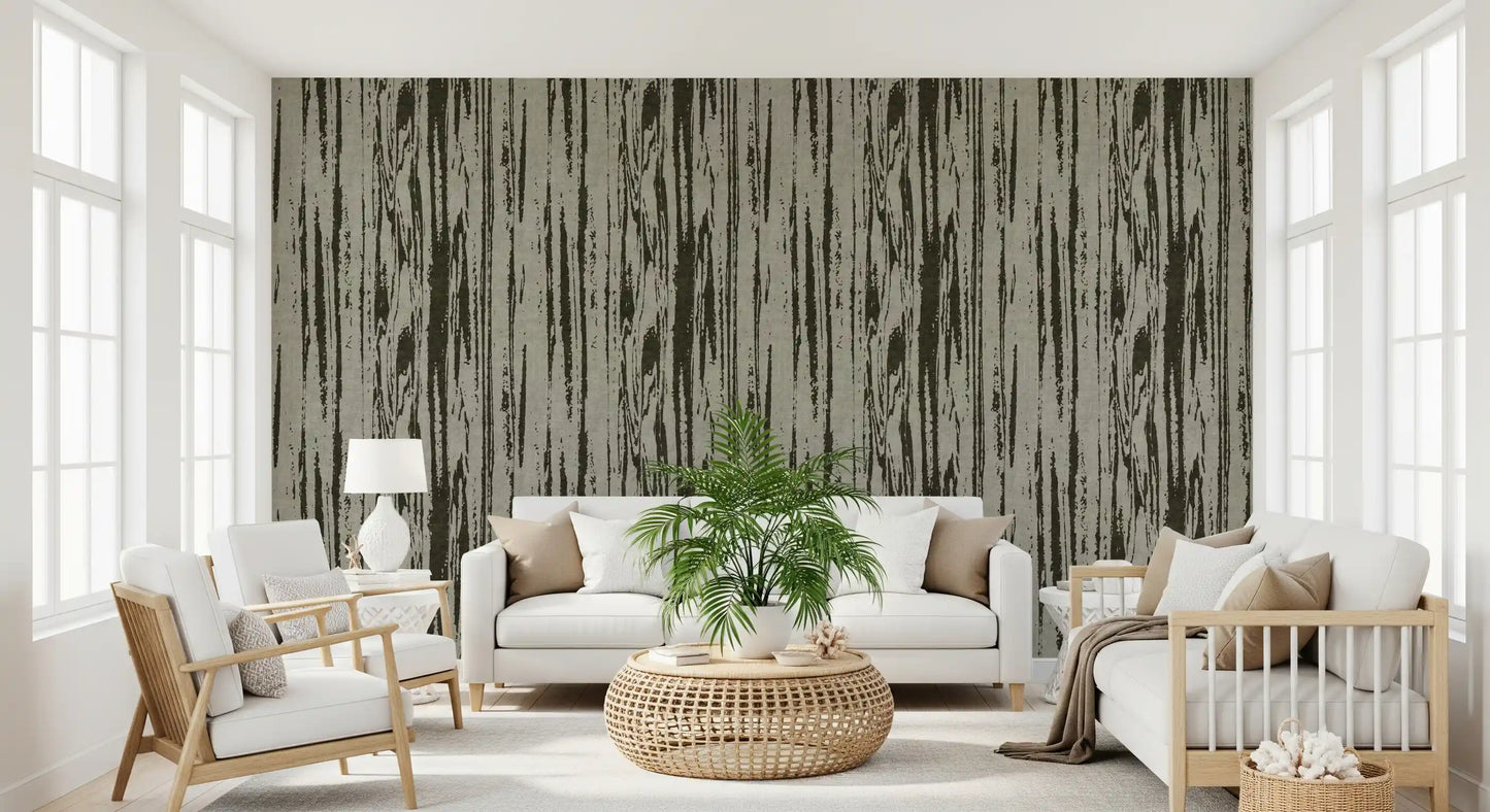 Modern wood-inspired organic wallpaper with naturalistic weathered appearance.