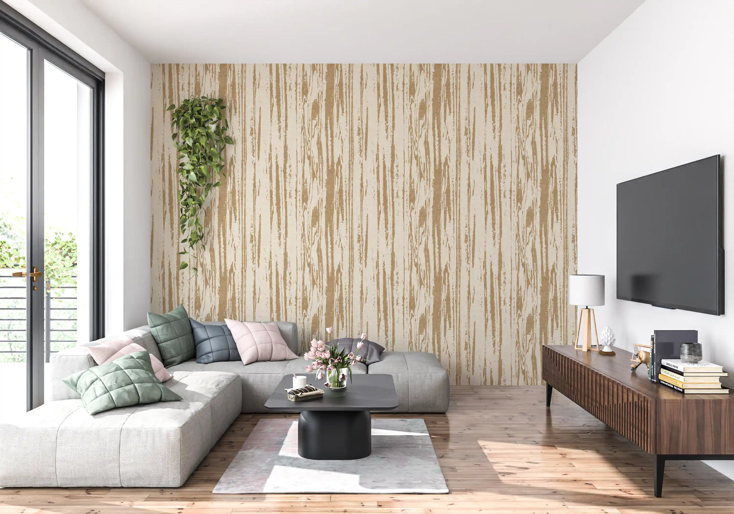 Organic line pattern in warm beige wood inspired wallpaper for living area.