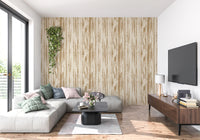 Organic line pattern in warm beige wood inspired wallpaper for living area.