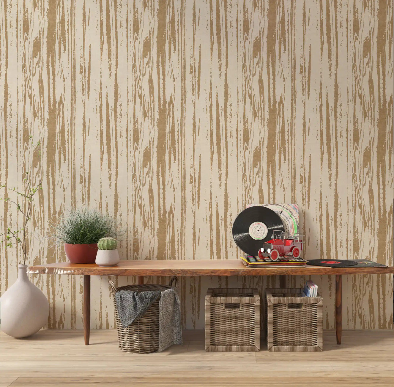 Vertical organic wood grain pattern in beige and tan wallpaper for hallway.