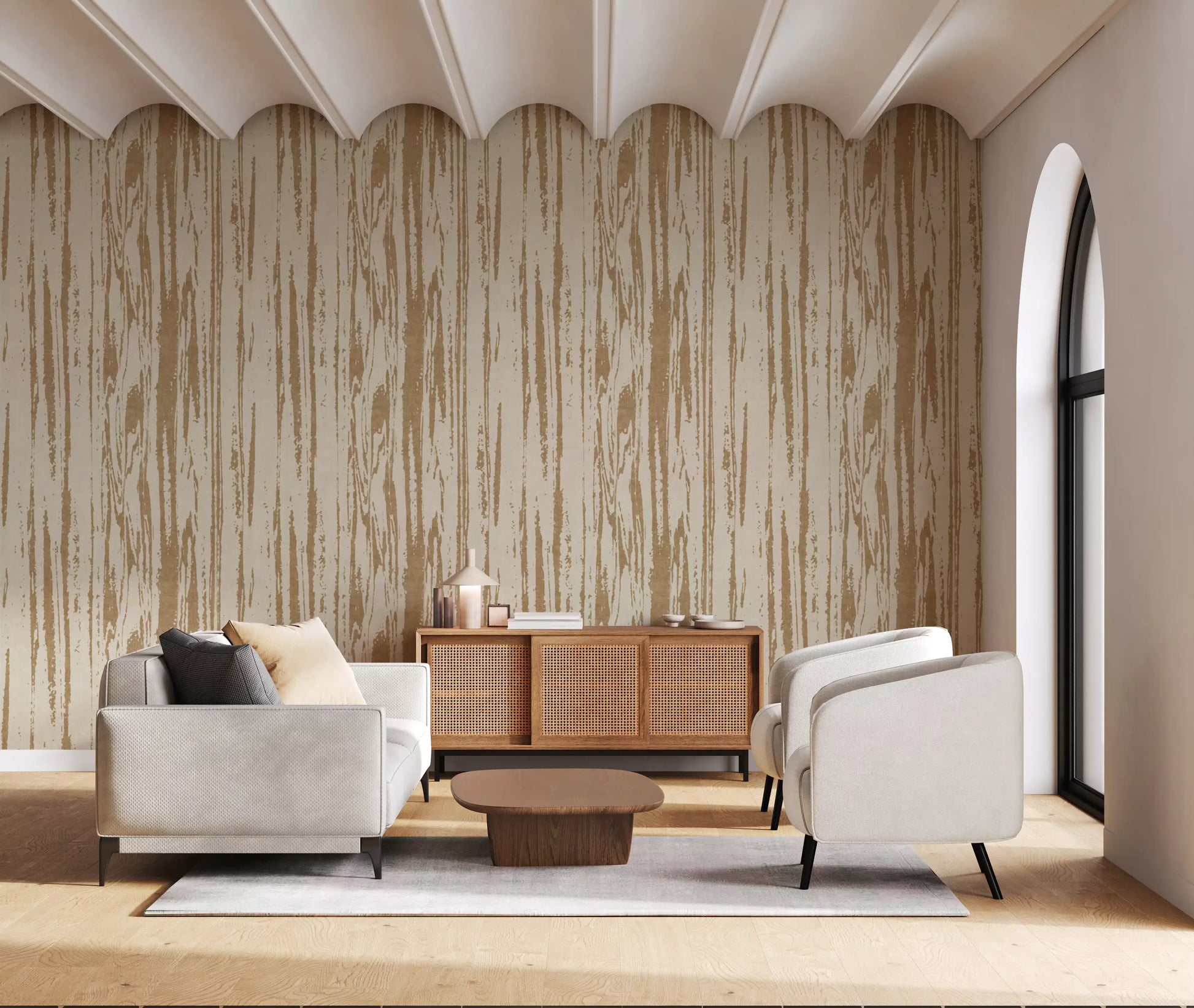 Wallpaper with wood texture bringing natural warmth to hallway walls