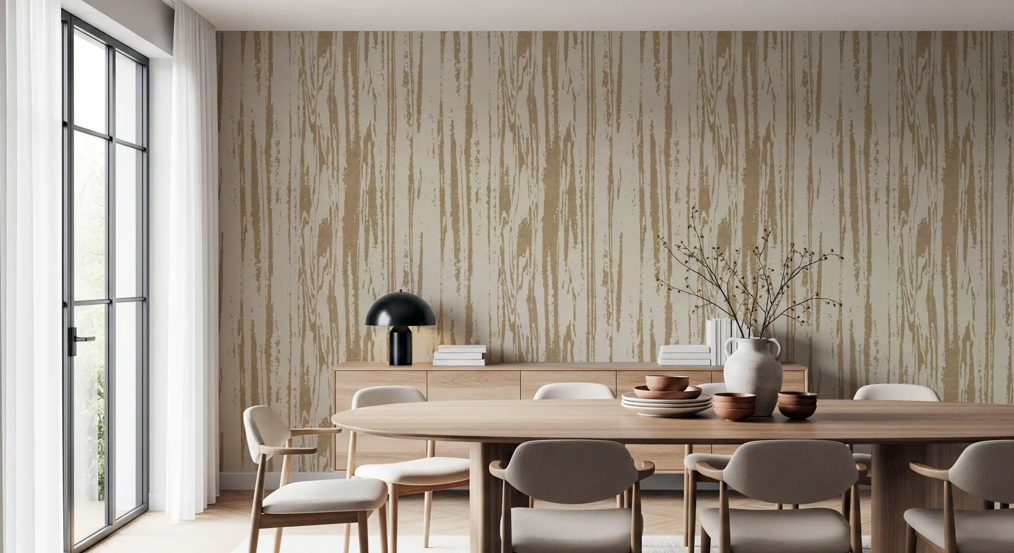 Textured woodgrain wallpaper showing soft beige neutral colour palette.