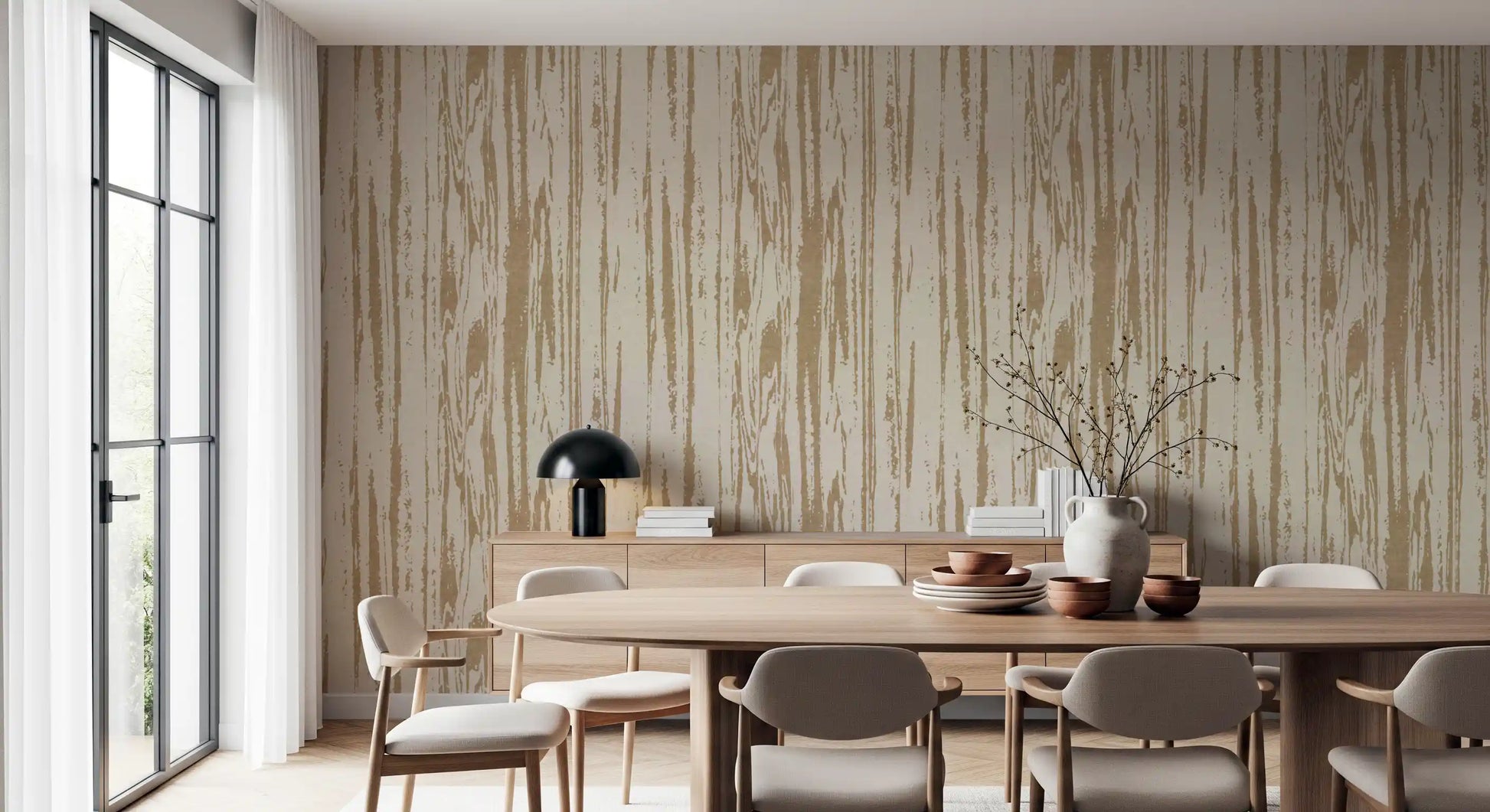 Textured woodgrain wallpaper showing soft beige neutral colour palette.