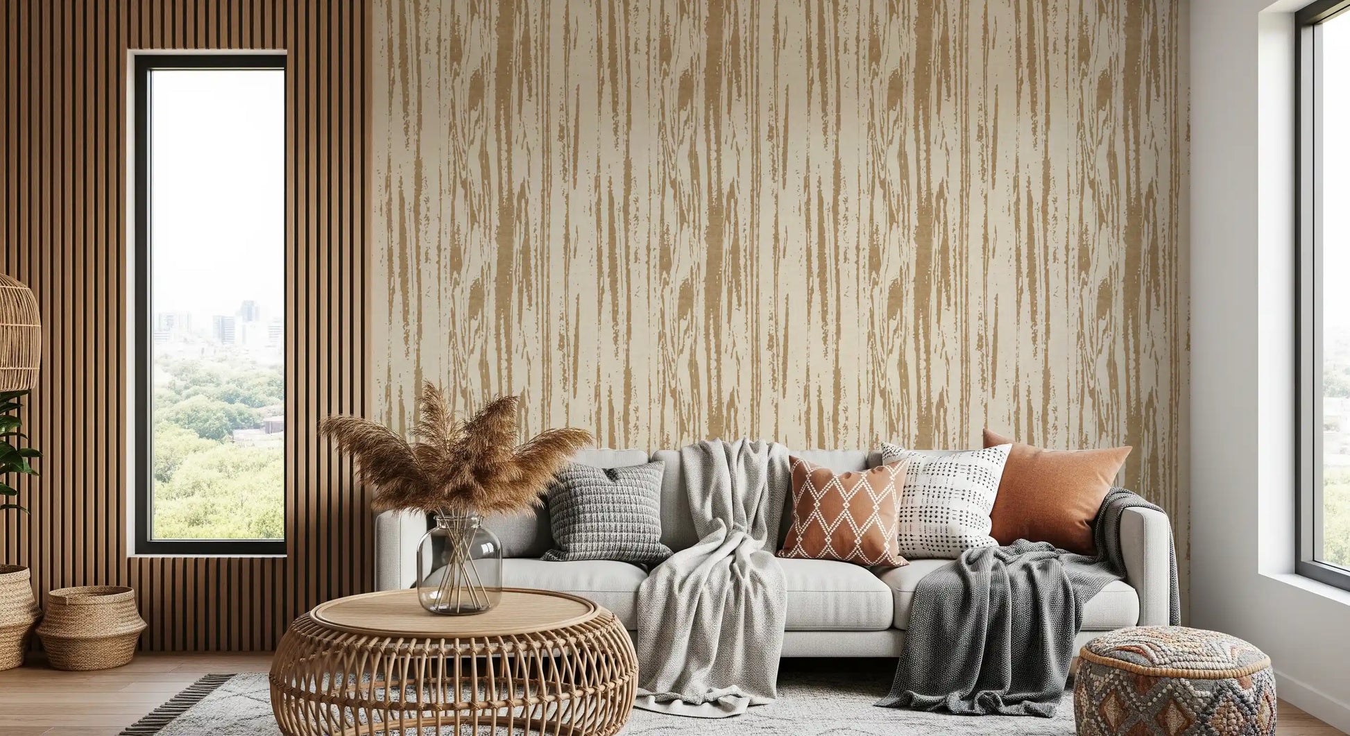 Subtle woodgrain wallpaper showing tan and cream tone.