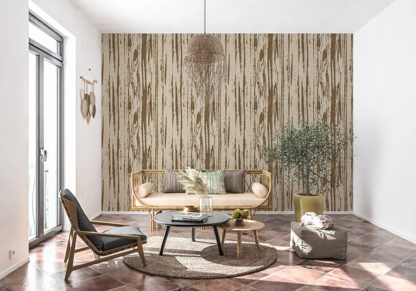 Modern striped wallpaper featuring organic weathered wood grain pattern.