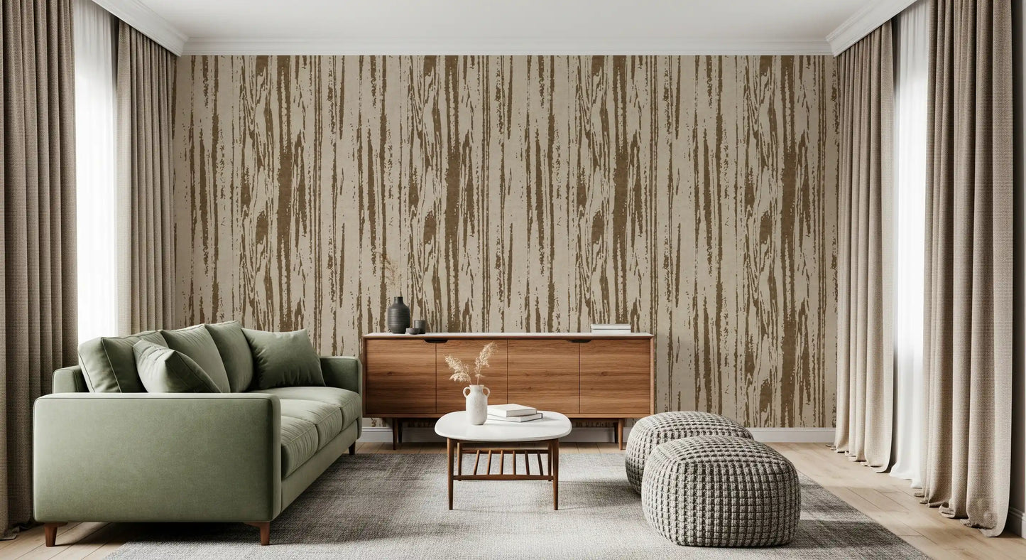 Modern abstract wallpaper featuring straight-line wood-grain details in living room. 
