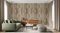 Modern abstract wallpaper featuring straight-line wood-grain details in living room. 