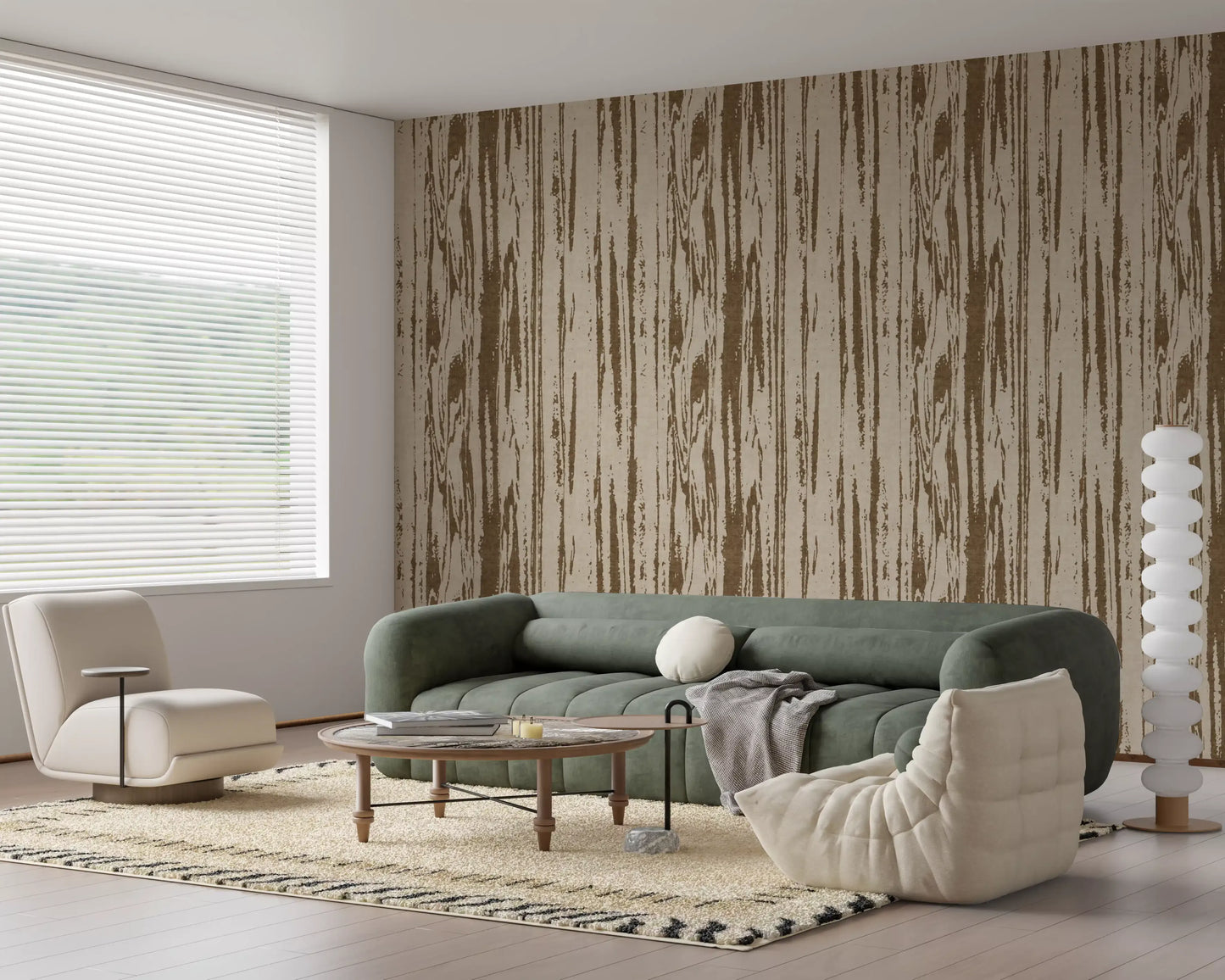 Organic texture wallpaper showing weathered wood effect in neutral brown tones. 