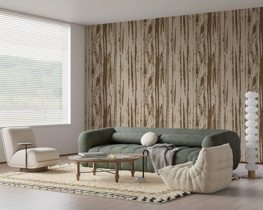 Organic texture wallpaper showing weathered wood effect in neutral brown tones. 