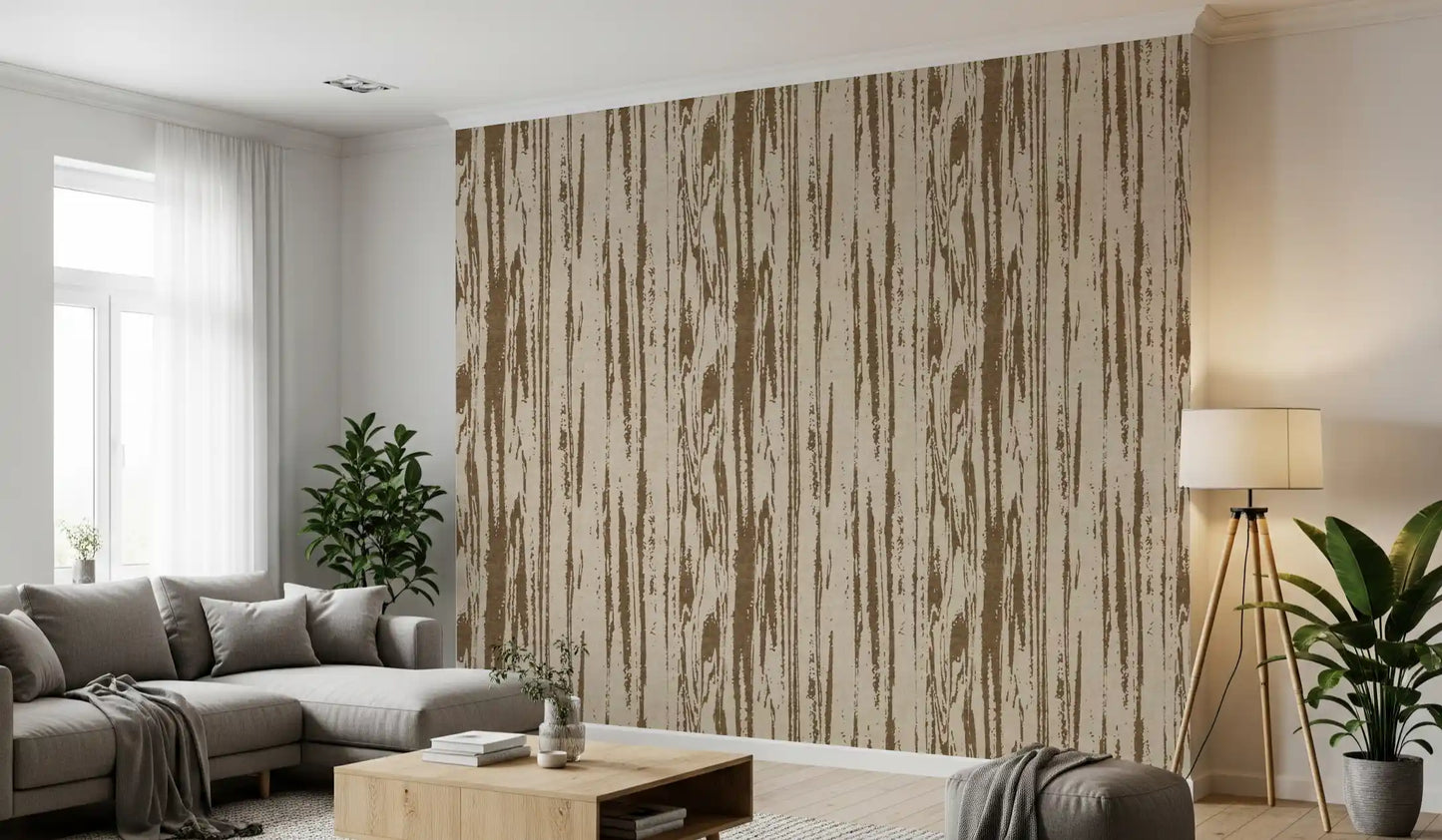 Hallway wallpaper with abstract brown wood-grain and neutral background.
