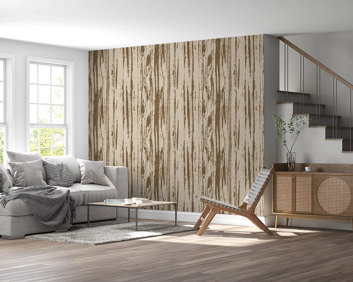 Vertical striped wallpaper with natural wood texture appearance and warm brown.