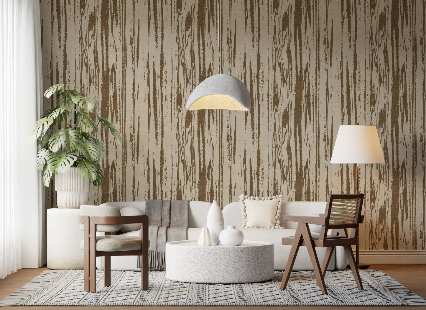 Textured wallpaper showing contemporary woodgrain effect in brown and cream.