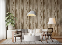 Textured wallpaper showing contemporary woodgrain effect in brown and cream.