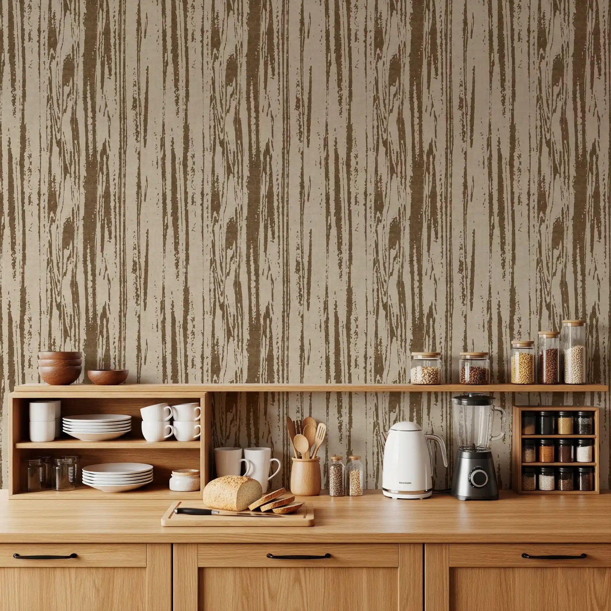 Abstract wallpaper with vertical brown woodgrain lines and cream background in kitchen.