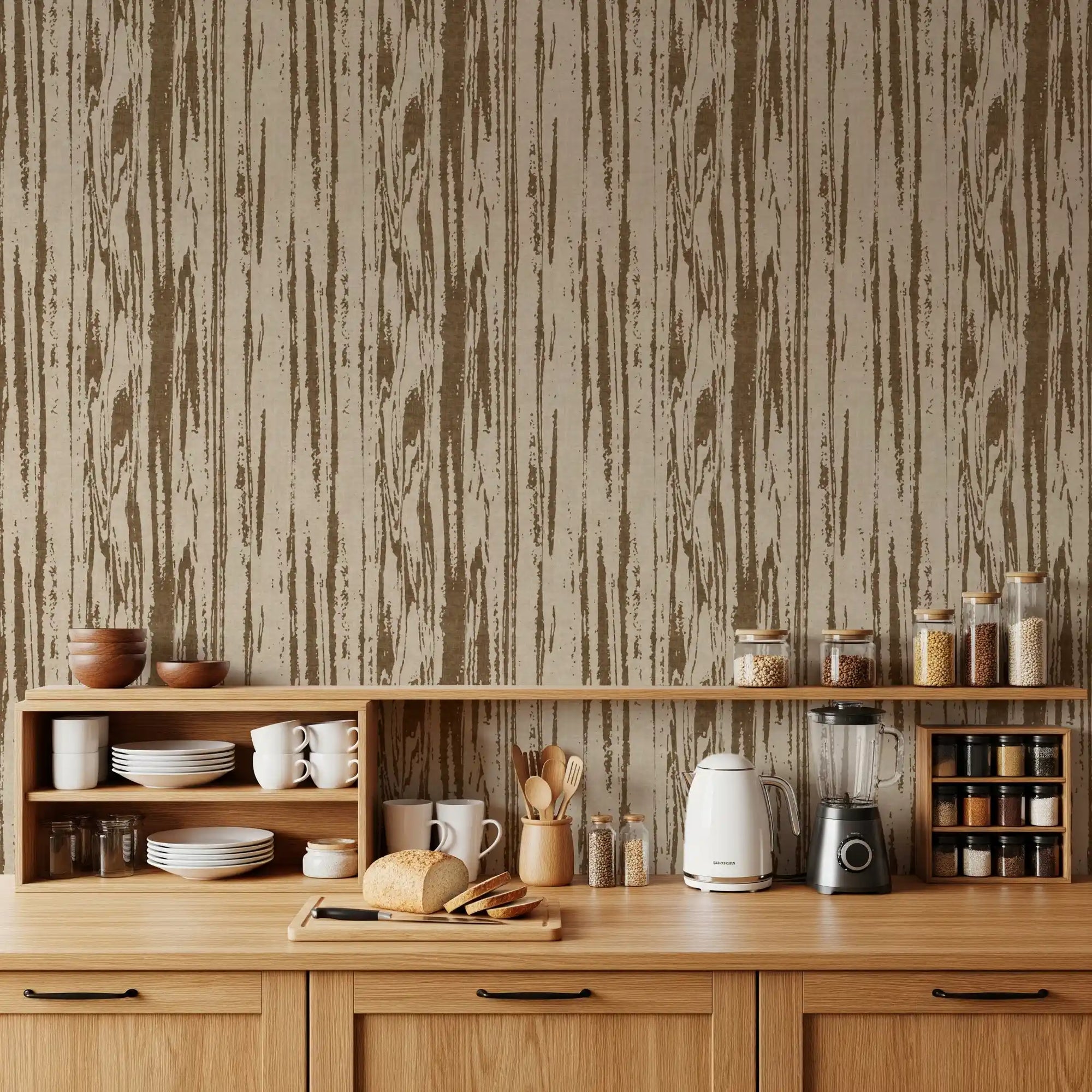 Abstract wallpaper with vertical brown woodgrain lines and cream background in kitchen., GD9998