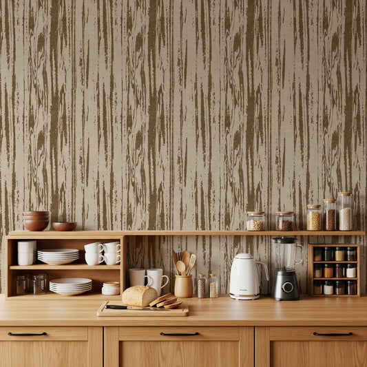 Abstract wallpaper with vertical brown woodgrain lines and cream background in kitchen.
