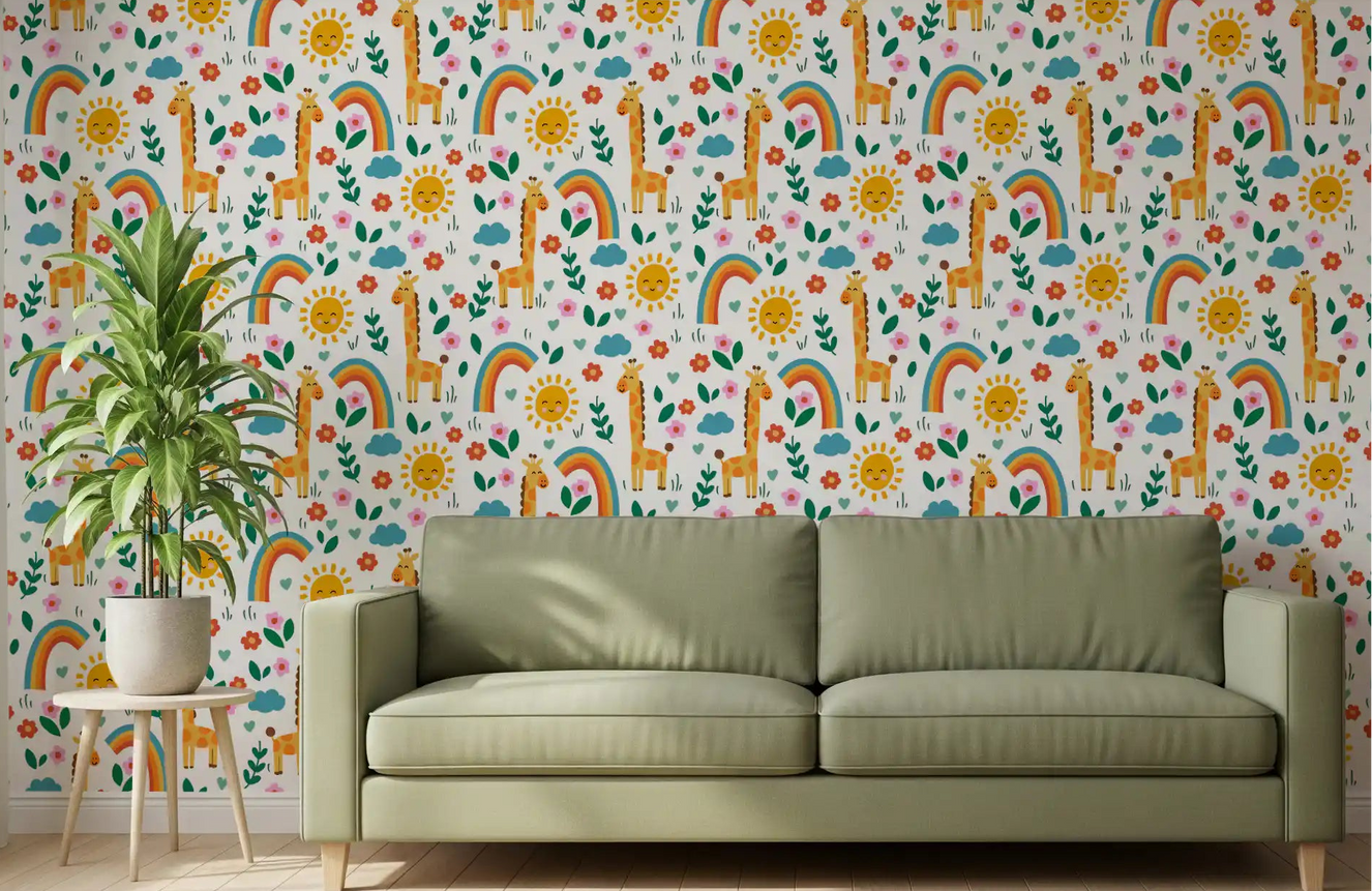 Giraffe jungle safari wallpaper with orange giraffes, yellow suns, and pink flowers in living room.