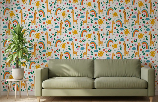 Giraffe jungle safari wallpaper with orange giraffes, yellow suns, and pink flowers in living room., GD10003