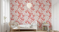 Red and white floral wallpaper with nature-inspired hummingbird in bedroom., GD10007
