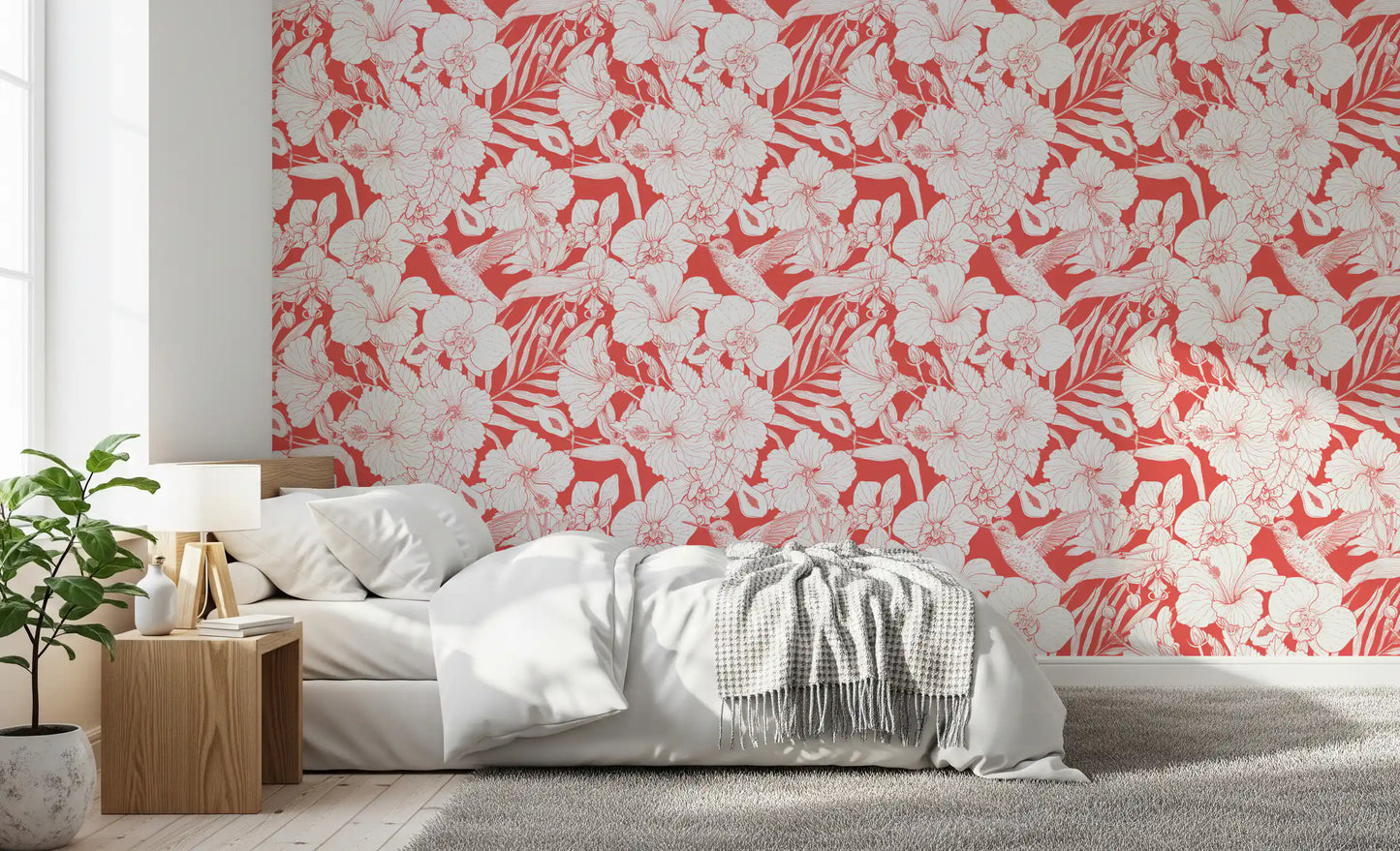 Garden-inspired wallpaper with detailed orchid, tropical flower, and hummingbird in bedroom., GD10007