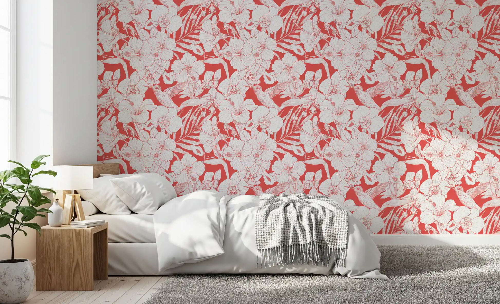Garden-inspired wallpaper with detailed orchid, tropical flower, and hummingbird in bedroom., GD10007
