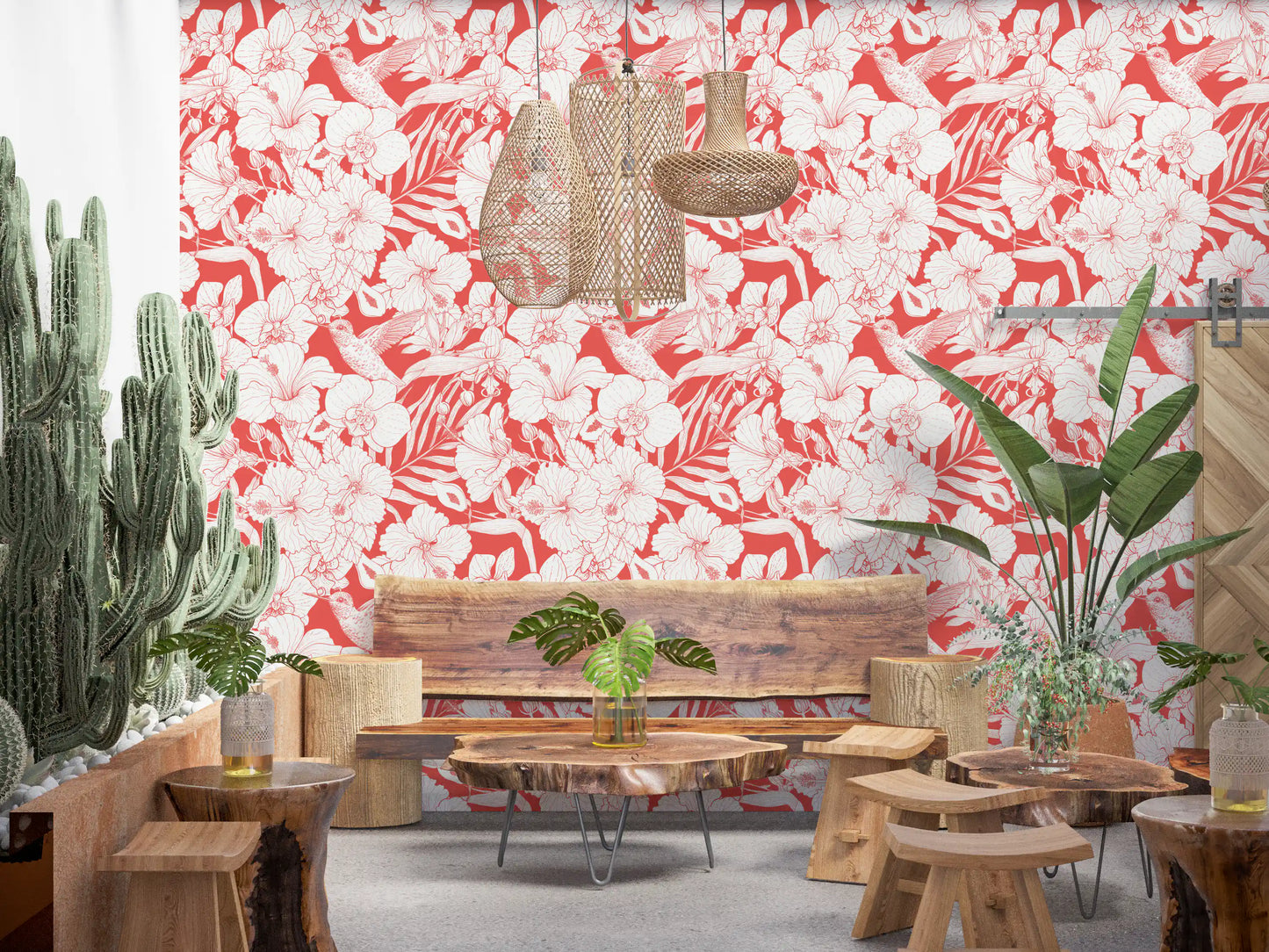 Sophisticated wallpaper pattern of intertwined tropical blooms and botanical textures., GD10007