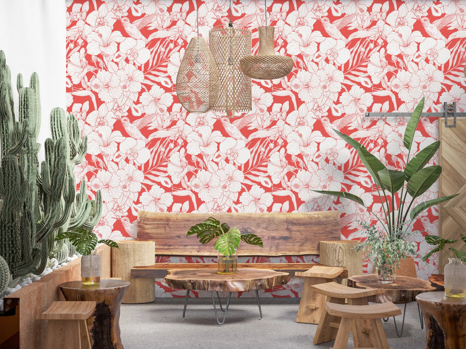 Sophisticated wallpaper pattern of intertwined tropical blooms and botanical textures., GD10007