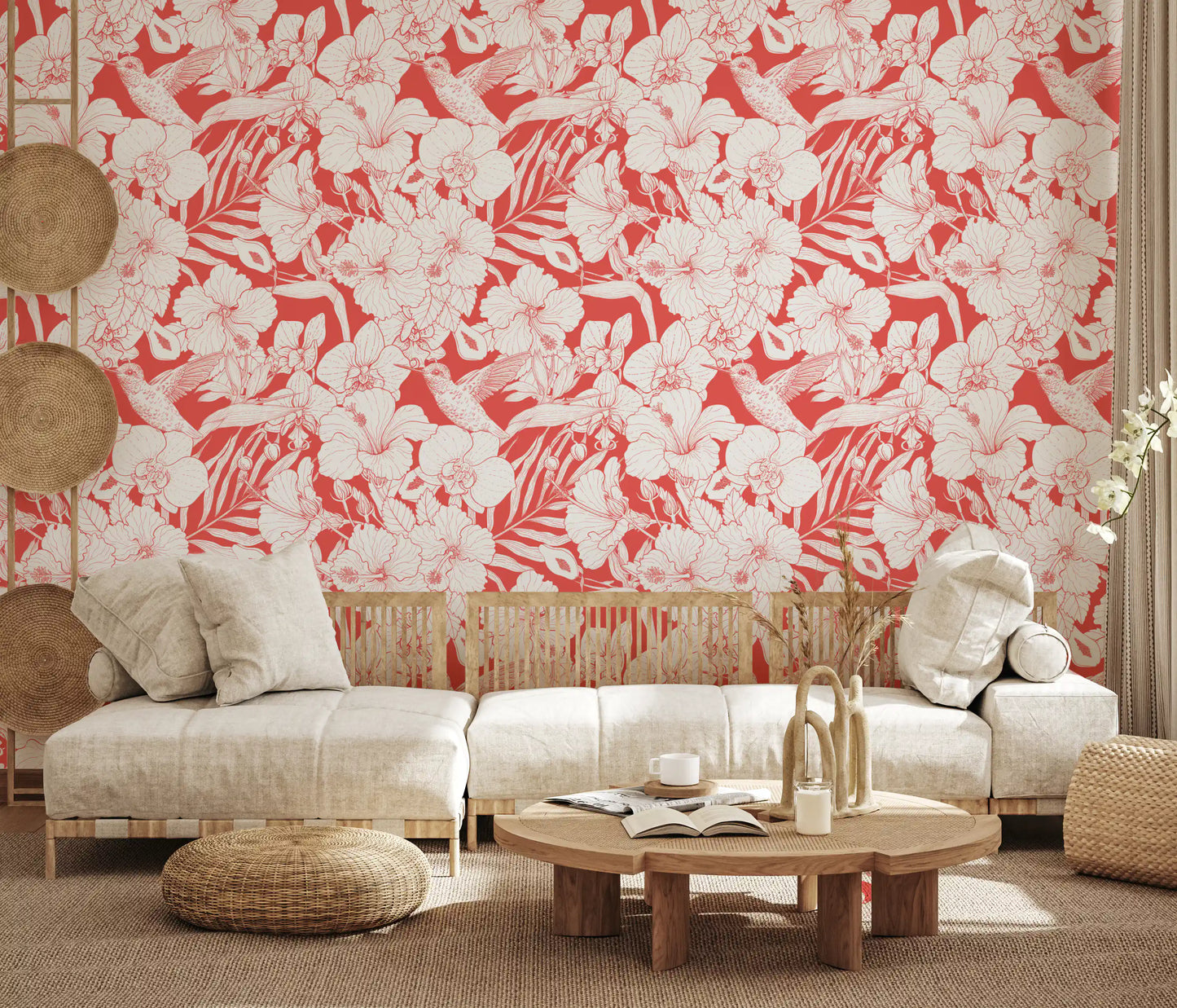Botanical garden wallpaper featuring cream-colored flowers with intricate petal details., GD10007