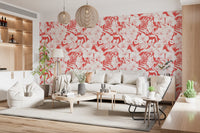 Botanical repeat pattern wallpaper with exotic blooms, foliage, and nature elements in red palette, GD10007