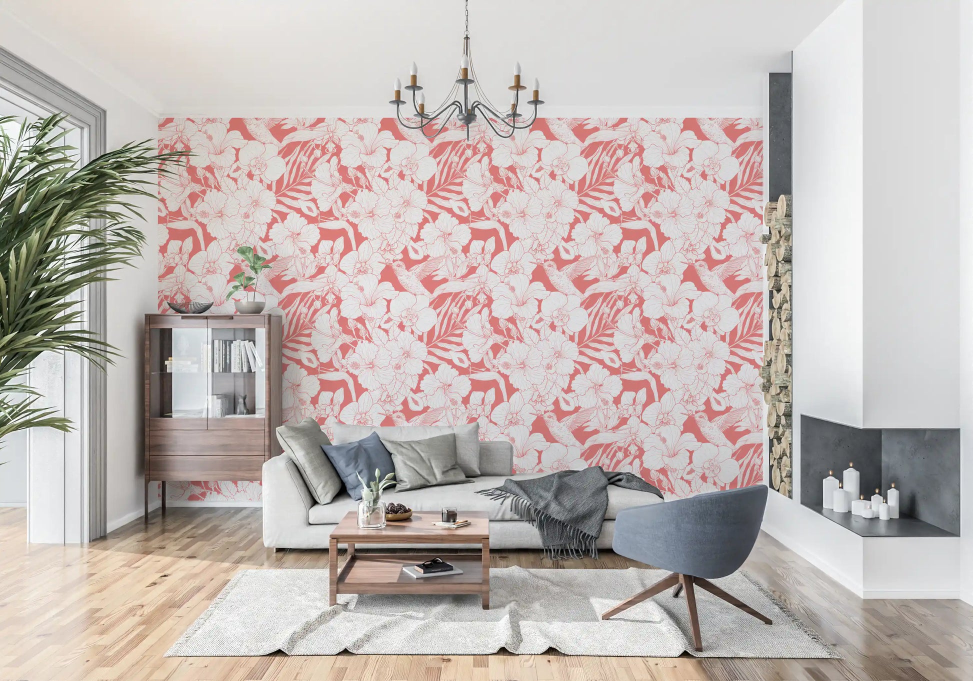 Elegant floral wallpaper showcasing diverse tropical flower types with intricate detailing., GD10007