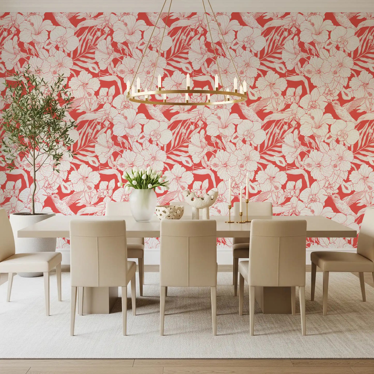 White line-drawn flowers and fauna wallpaper creating layered botanical composition on coral field., GD10007