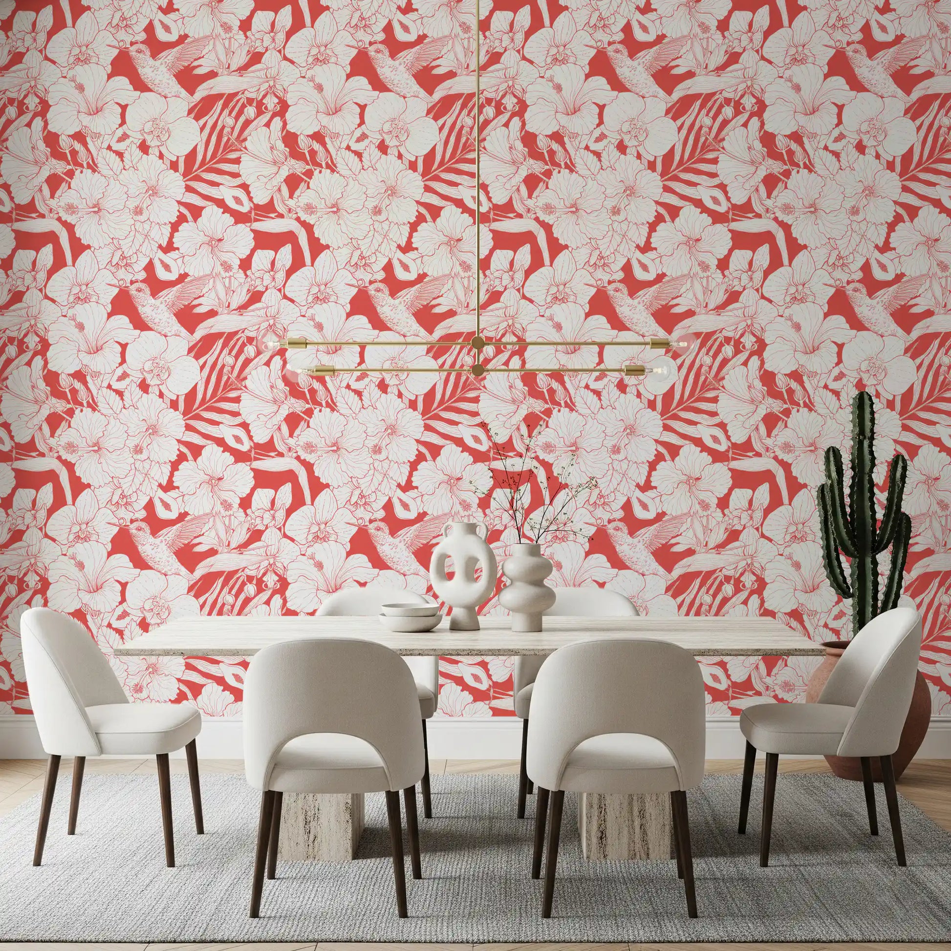 Red wallpaper with white tropical orchids and floral blooms in dining room., GD10007