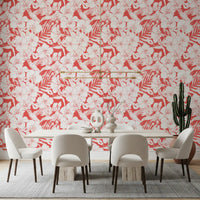 Red wallpaper with white tropical orchids and floral blooms in dining room., GD10007