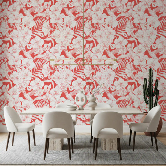 Red wallpaper with white tropical orchids and floral blooms in dining room., GD10007