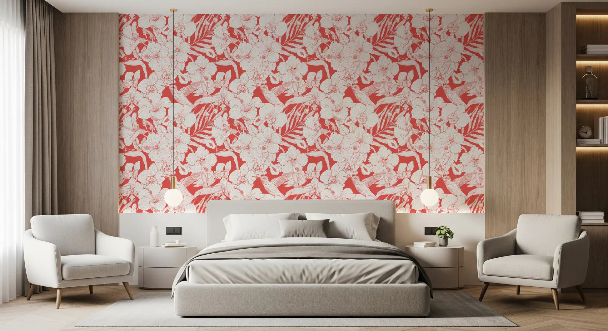 Detailed hummingbird among layered orchid flowers and exotic foliage on red background wallpaper., GD10007
