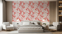 Detailed hummingbird among layered orchid flowers and exotic foliage on red background wallpaper., GD10007