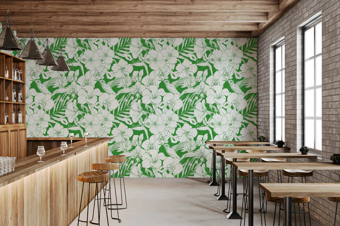 Hummingbird wallpaper among white tropical blooms and leafy botanical elements., GD10008
