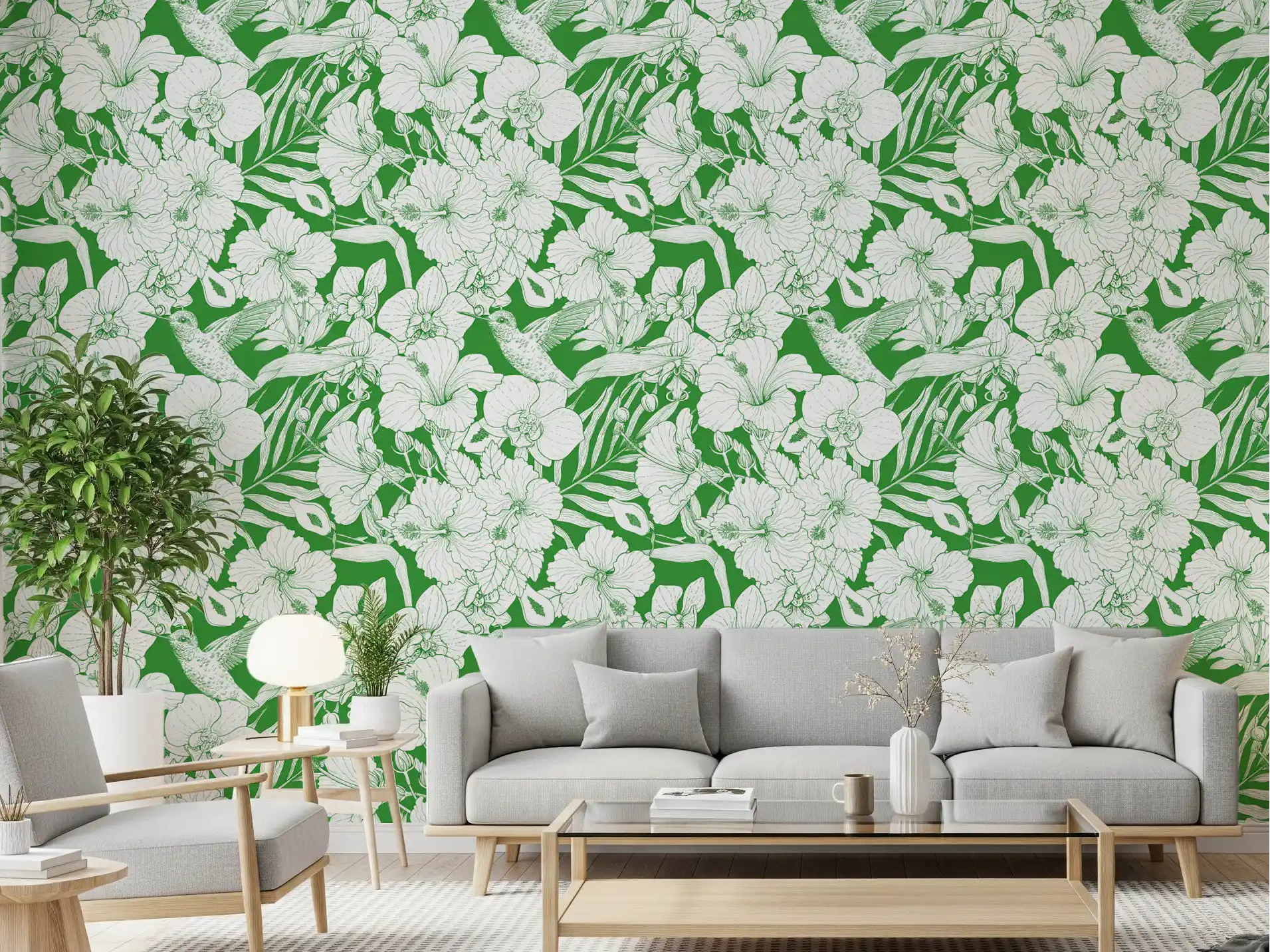 White orchids and hibiscus flowers wallpaper in detailed line drawings on bright green for living room., GD10008