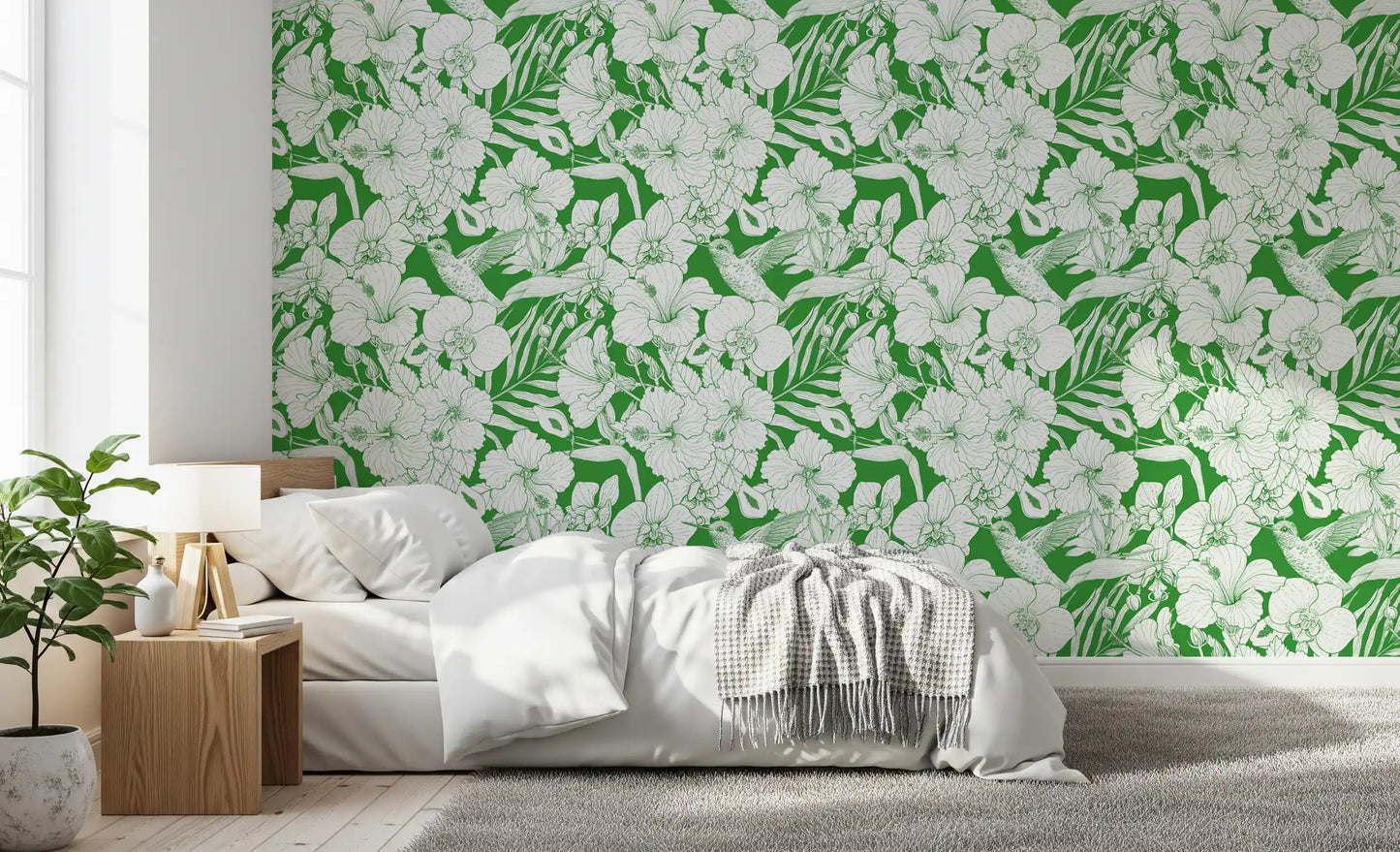 Tropical garden wallpaper with orchid, hibiscus, and detailed foliage botanical work., GD10008