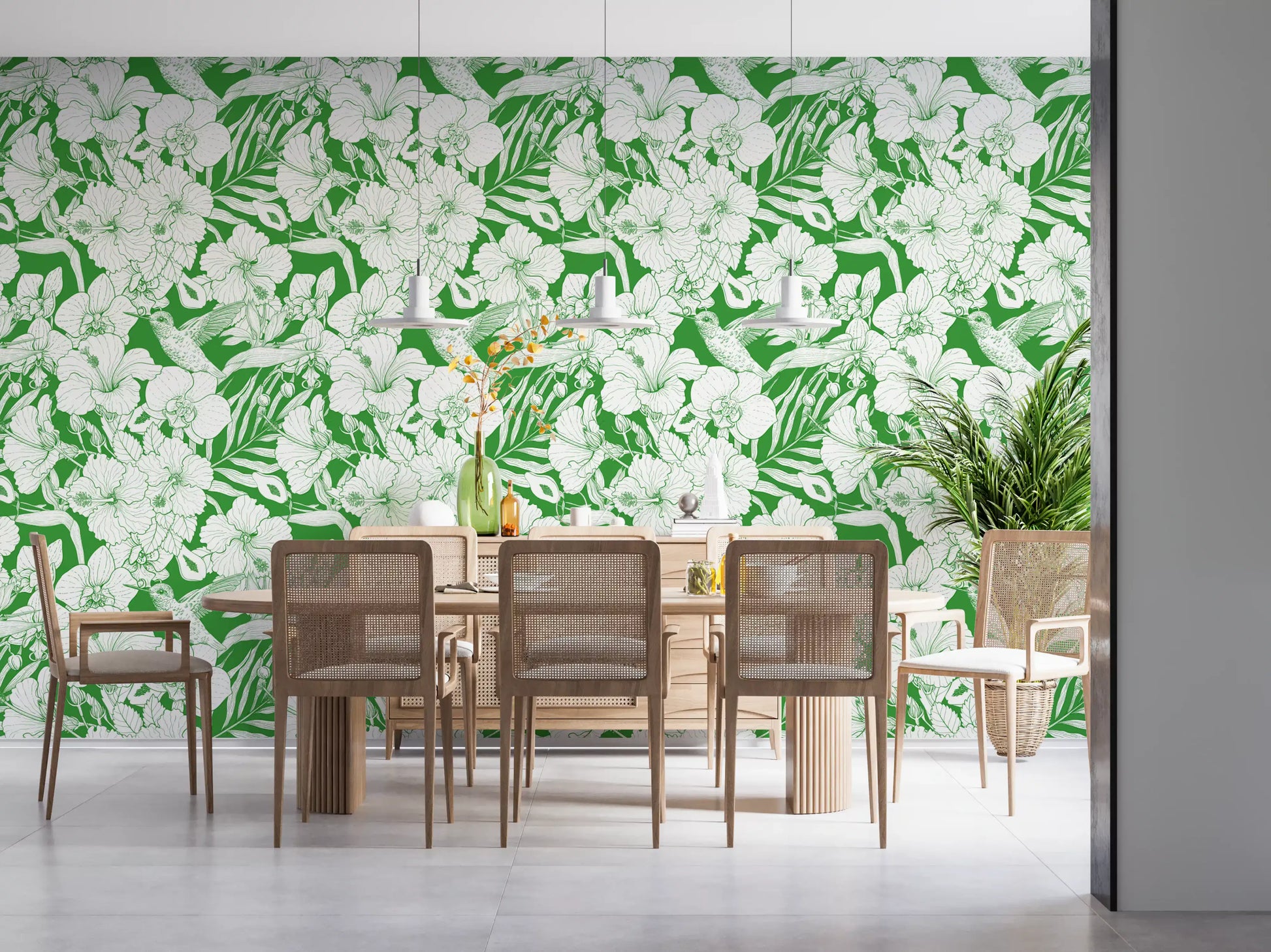 Summer wallpaper displaying white flowers arranged across green base., GD10008