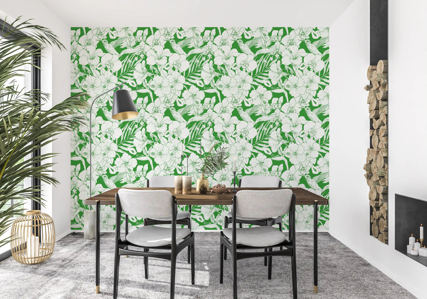 Green background wallpaper showing white flower clusters and leaf details., GD10008