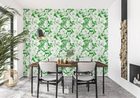 Green background wallpaper showing white flower clusters and leaf details., GD10008