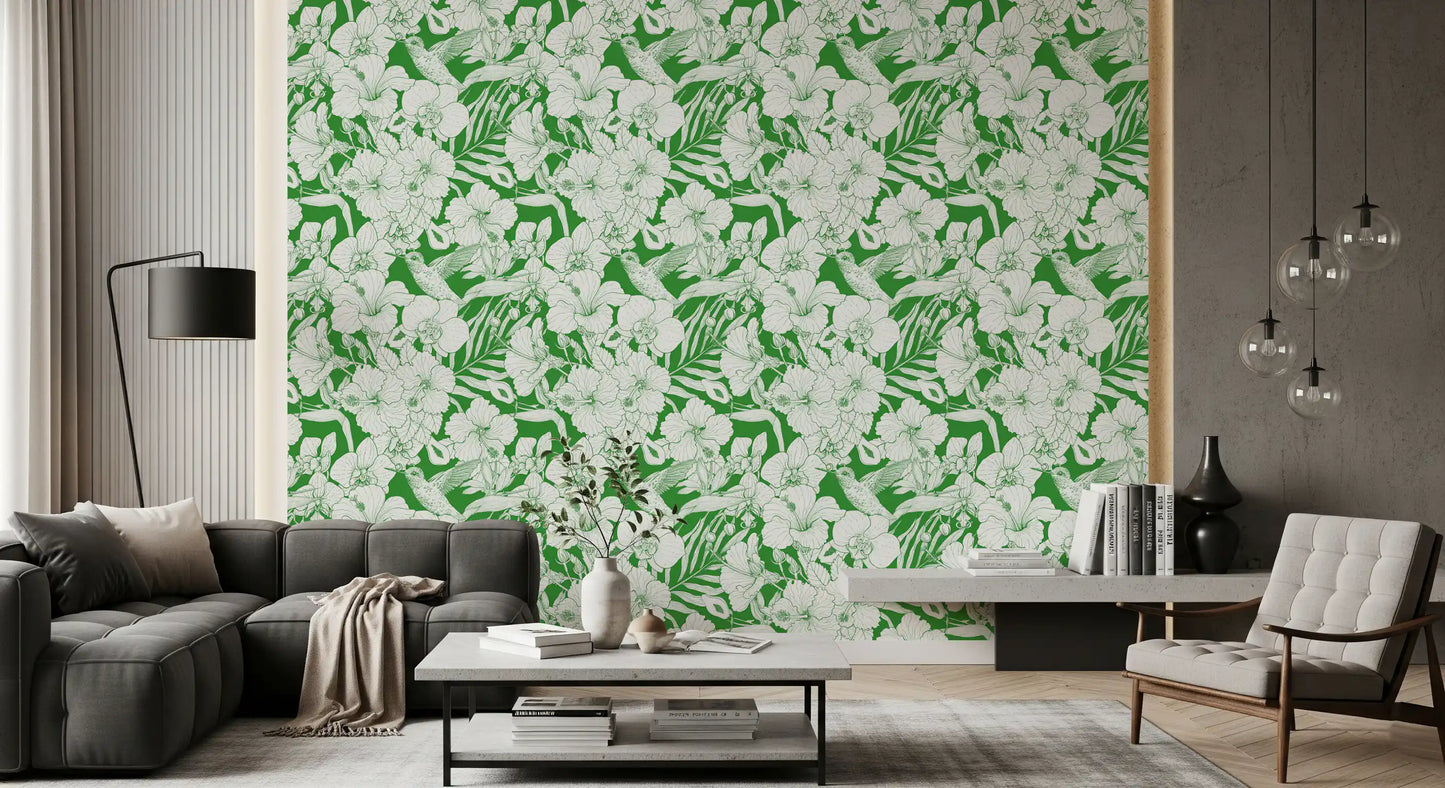 Nature wallpaper showing white flower heads, green stems, and hummingbird detail, GD10008