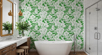 Botanical floral wallpaper with fine line work, stamens and petal outlines in bathroom., GD10008