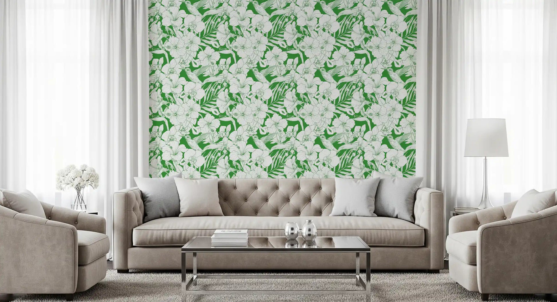 Botanical garden-inspired wallpaper with orchids and exotic flower line art in living room., GD10008