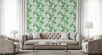 Botanical garden-inspired wallpaper with orchids and exotic flower line art in living room., GD10008