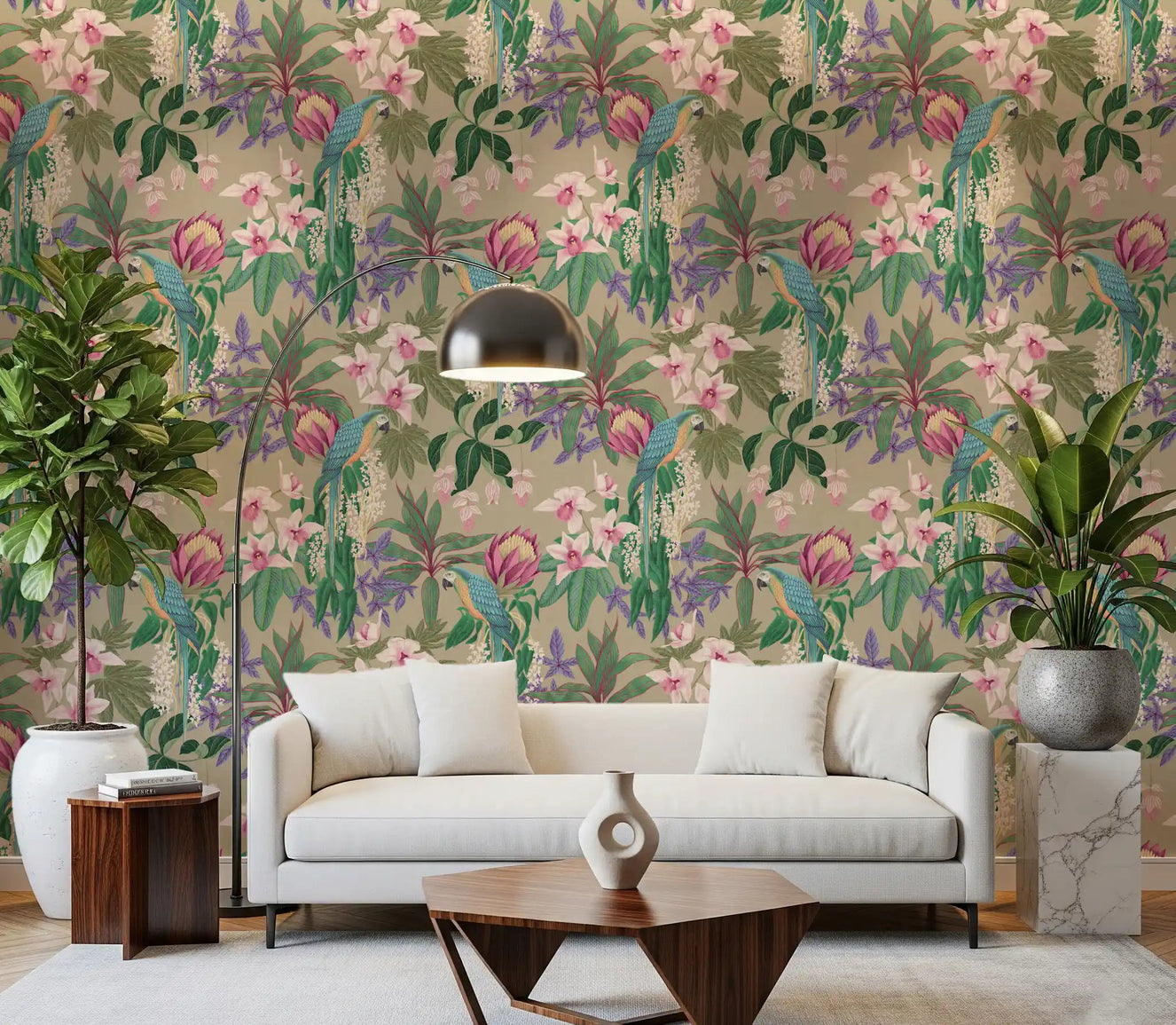 Tropical wallpaper for living room with macaws and orchid blooms.