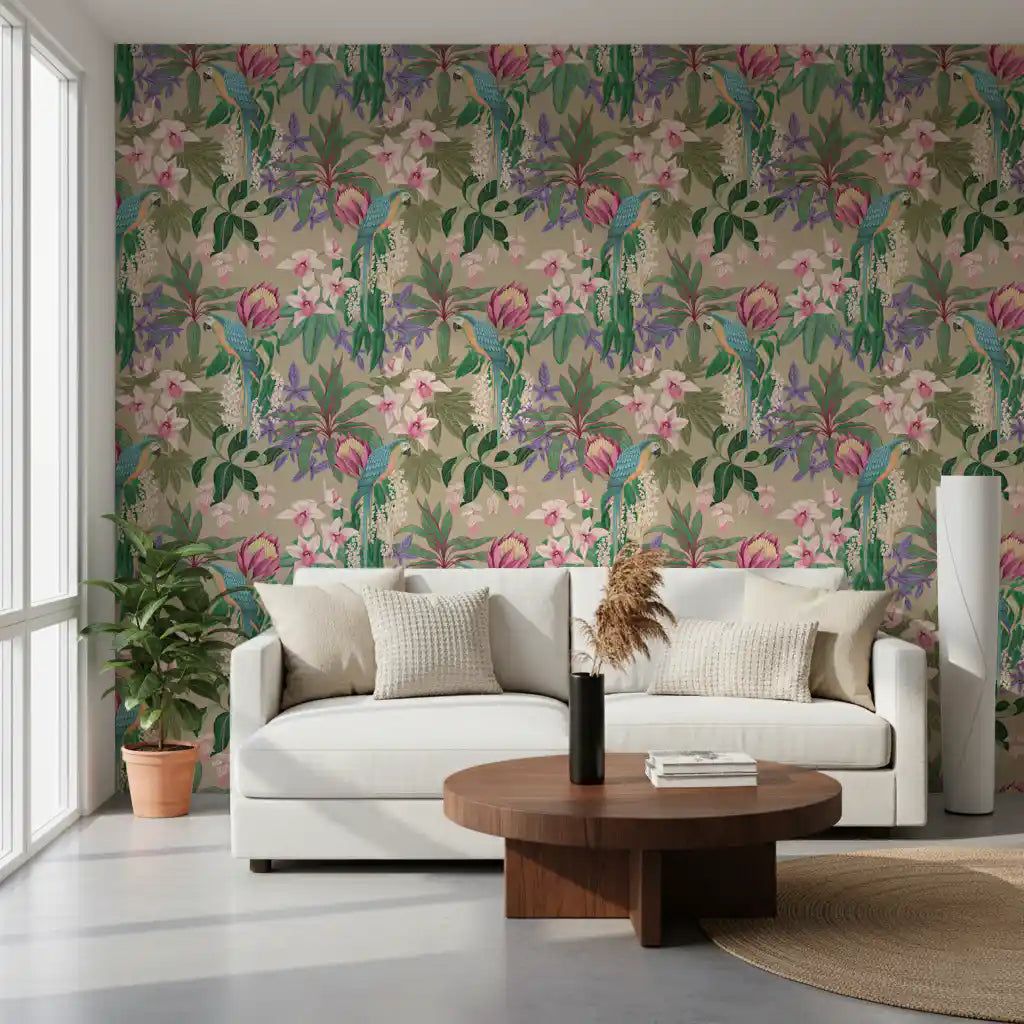 Floral bird wallpaper with orchids, parrots and tropical foliage in hallway., GD10013